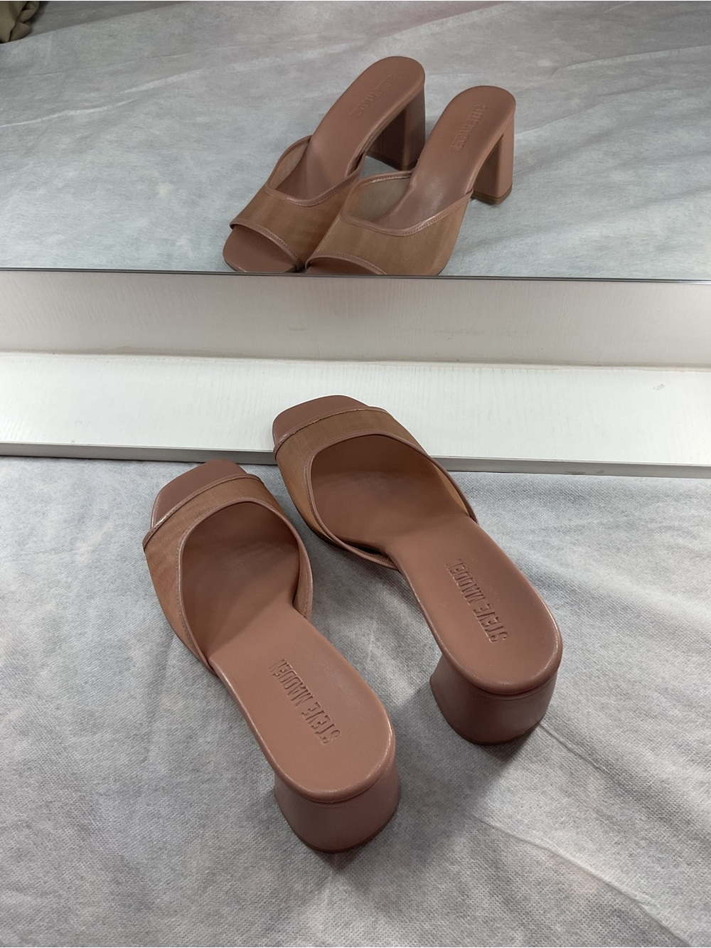Steve Madden Madame Block Heel Sandal Tan Brown Square-Toe Slide Mules - Picture 4 of 6